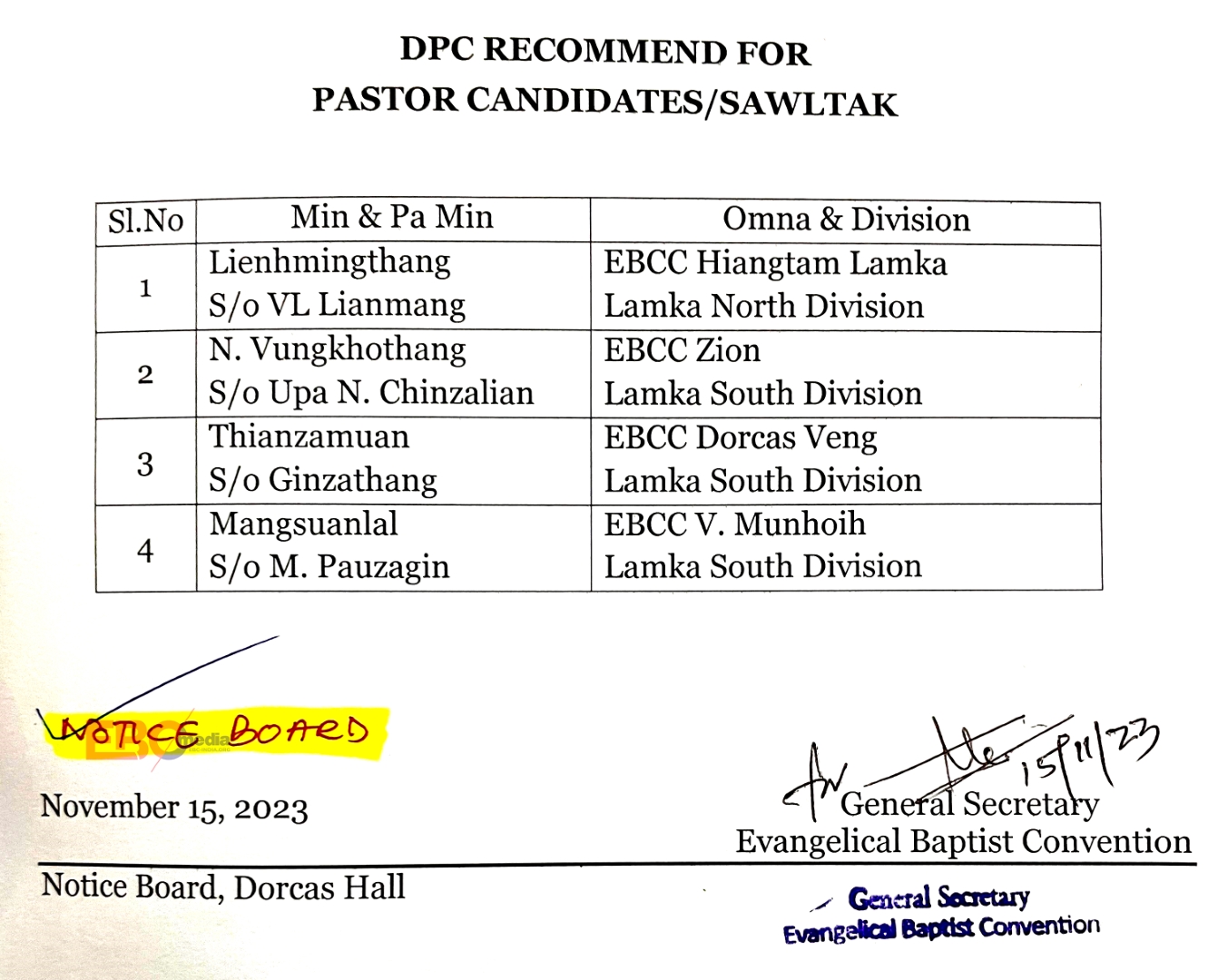DPC RECOMMENDED PASTOR CANDIDATES SAWLTAK